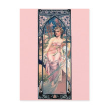 Mucha woman pink romantic dress art deco lady