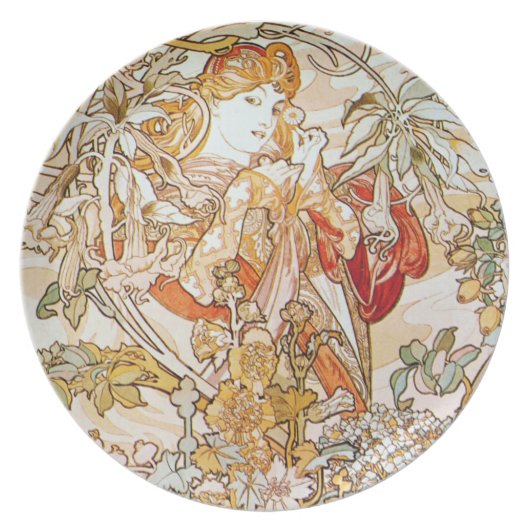 Mucha Woman with a Daisy Art Nouveau Plates (Front)