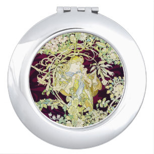 Mucha Woman with Daisy, Vintage Art Nouveau Compact Mirror