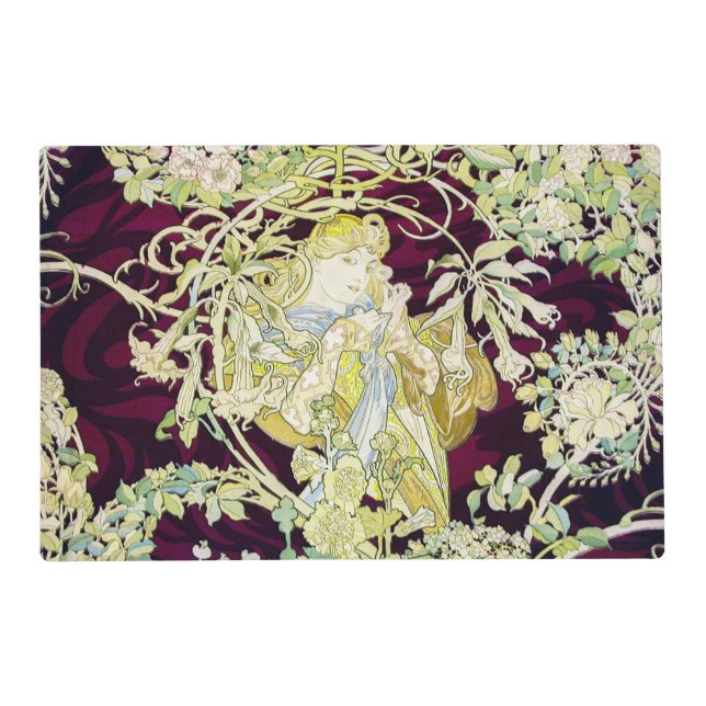 Mucha Woman with Daisy, Vintage Art Nouveau Placemat (Front)