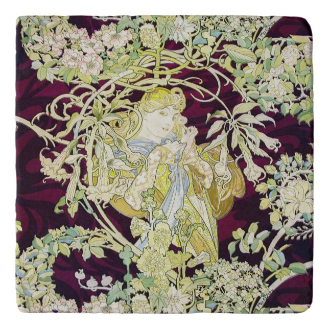 Mucha Woman with Daisy, Vintage Art Nouveau Trivet (Front)