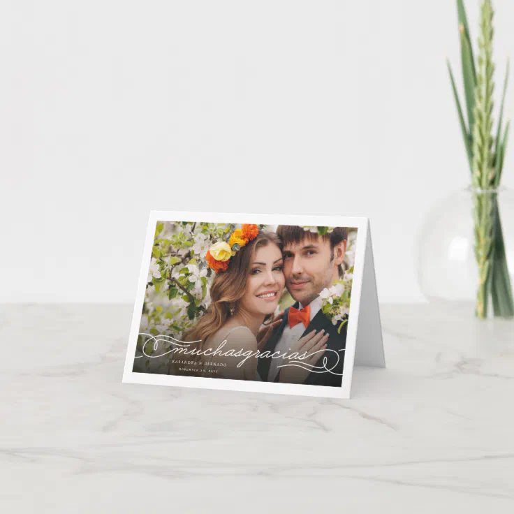 Muchas Gracias Chic Script Photo Wedding Thank You Note Card | Zazzle