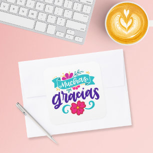 Muchas Gracias, Spanish and Colorful Square Sticker