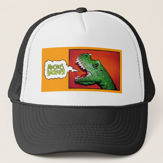 Muchos Backflips! T-Rex Trucker Hat. Hat (Front)