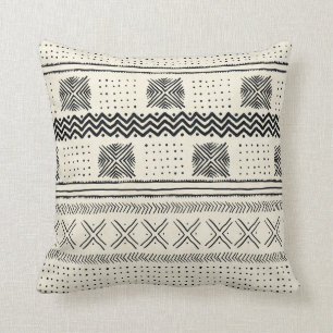 Mud Cloth Geometric Stripe Black and Cream Throw Pillow