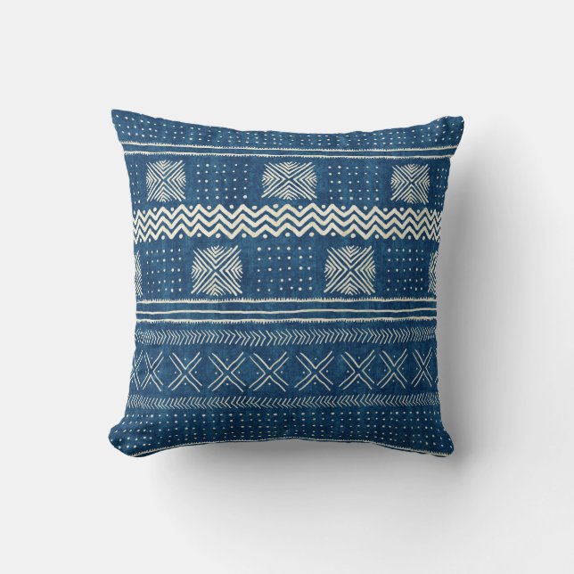 Mud Cloth Geometric Stripe Teal Blue Throw Pillow (Front)