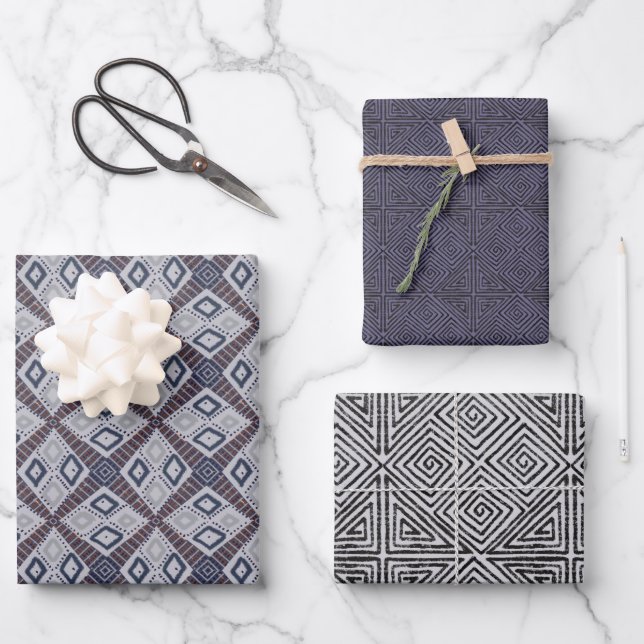 Mud Cloth Inspired Boho Blues Wrapping Paper Sheets (Front)