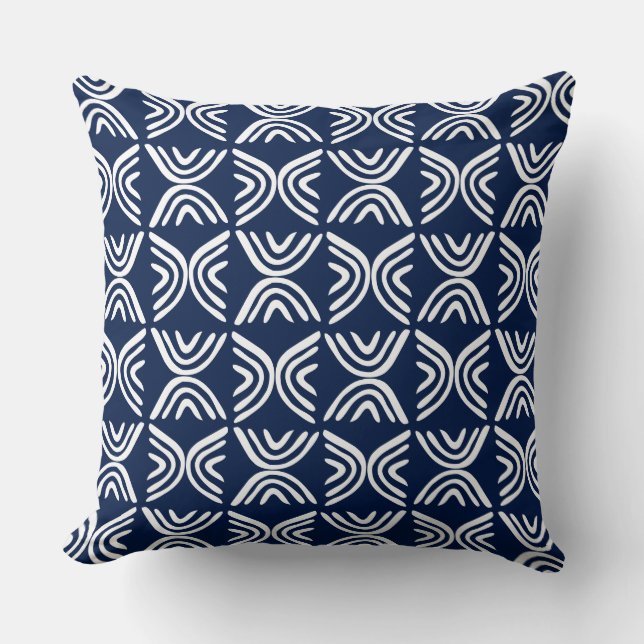 Mud Cloth Style 080215 - White on Dk Blue 001744 Throw Pillow (Front)