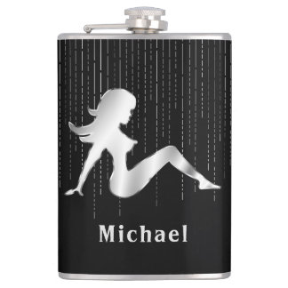 Mud Flap Girl Sheer Beaded on Black Flask