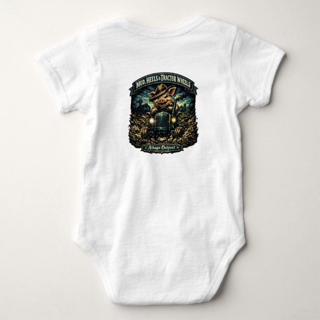 Mud, heels & tractor wheels -  baby bodysuit (Back)