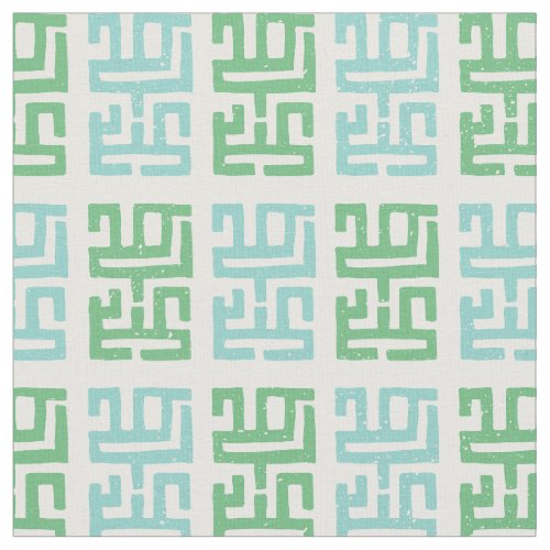 Mud Print Inspired Pattern  WhiteGreenBlue Fabric