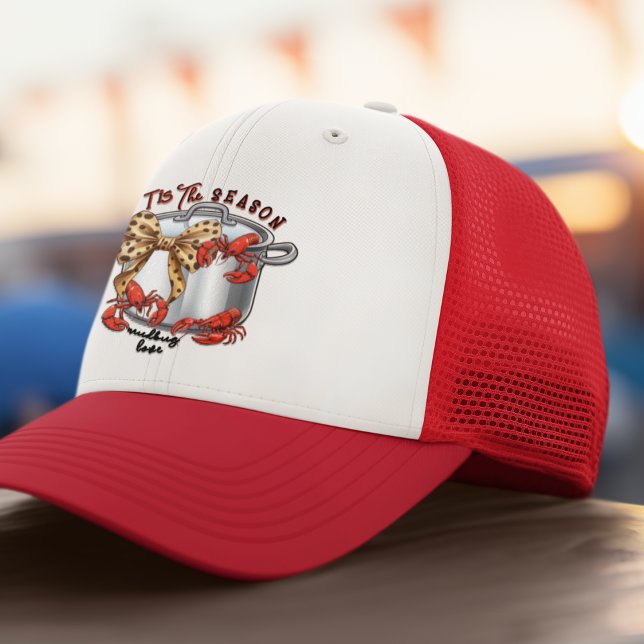 Mudbug Season Trucker Hat (Customizable Mudbug Season trucker hat with coquette leopard bow, boiling pot and crawdads. )
