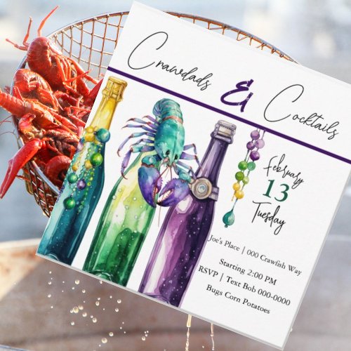 Mudbugs Crawfish and Cocktails Mardi Gras Style Invitation