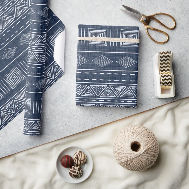 Mudcloth Inspired Blue and White Tribal Geometric Wrapping Paper (Crafts)