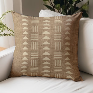 Mudcloth Inspired Faux Burlap Boho Tribal Tan Throw Pillow