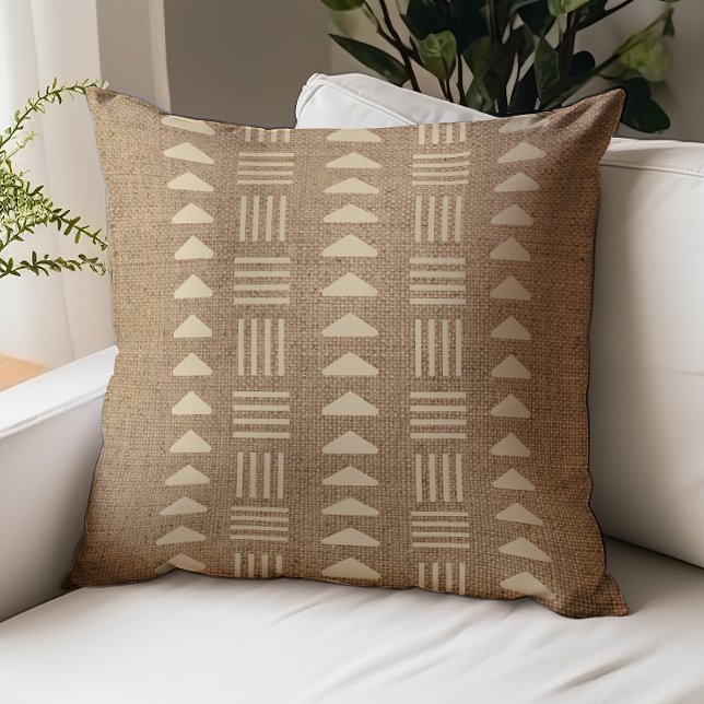 Mudcloth Inspired Faux Burlap Boho Tribal Tan Throw Pillow (Creator Uploaded)