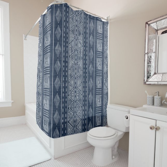 Mudcloth Inspired Navy Blue and White Tribal Print Shower Curtain (In Situ)