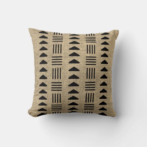 Mudcloth Inspired Pattern Faux Burlap Sepia Black Throw Pillow