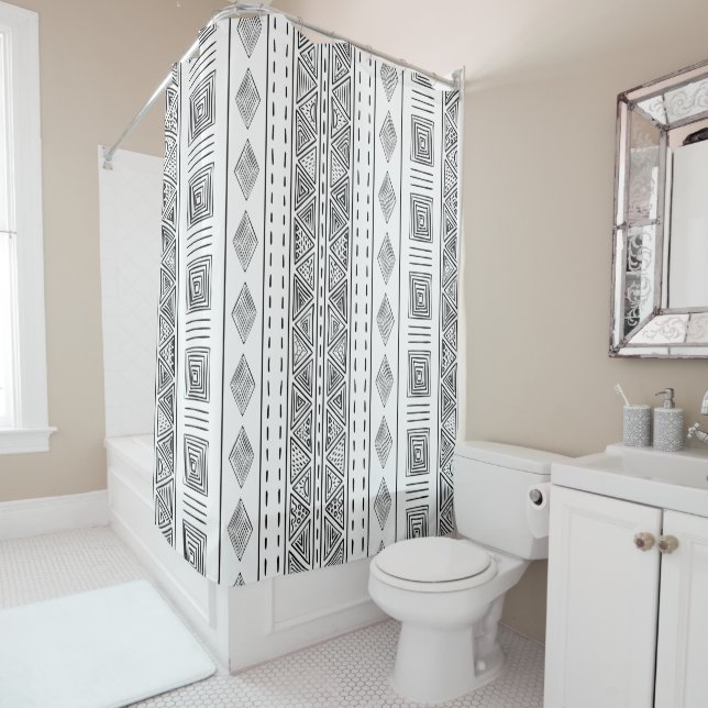 Mudcloth Inspired Tribal Pattern Shower Curtain (In Situ)