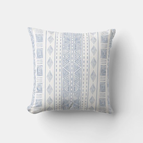 Mudcloth Inspired White and Blue Tribal Pattern Throw Pillow
