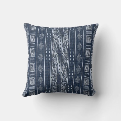 Mudcloth Navy Blue and White Tribal Pattern Throw Pillow Zazzle