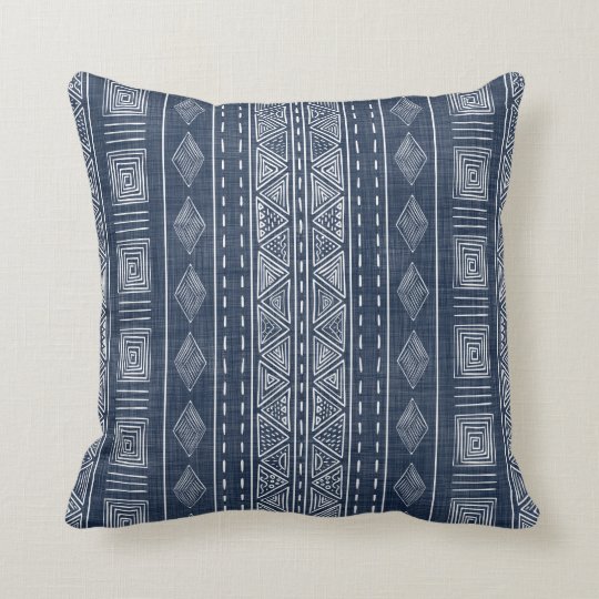 Mudcloth Navy Blue and White Tribal Pattern Throw Pillow