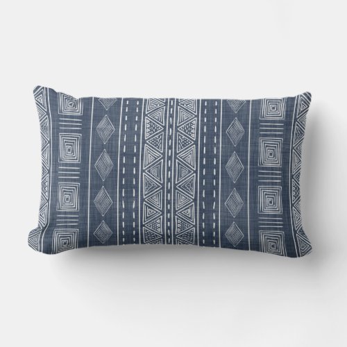 Mudcloth Style Navy Blue and White Tribal Pattern Lumbar Pillow