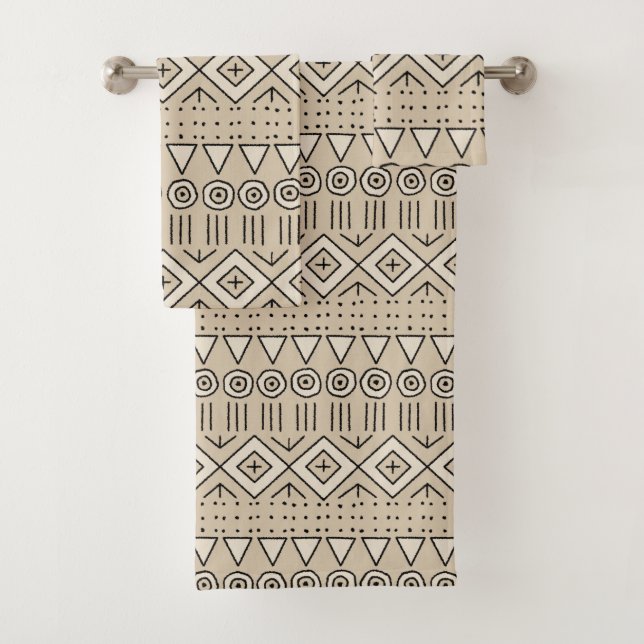 Mudcloth Tribal Pattern, Cream, Beige, Black Bath Towel Set (Insitu)