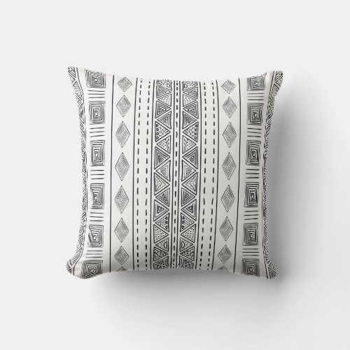 Mudcloth Tribal Pattern White and Black Throw Pillow