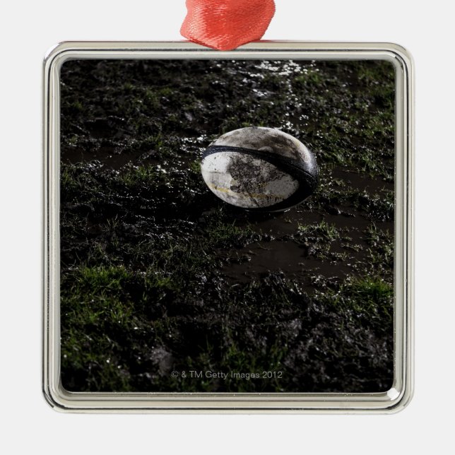 Muddy rugby ball sitting on a chewed up grass metal ornament (Front)