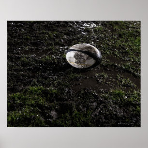 Muddy rugby ball sitting on a chewed up grass poster