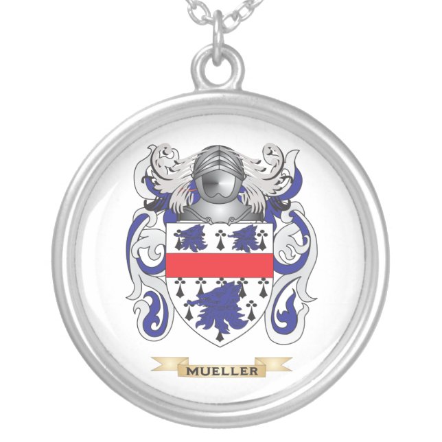 Mueller Coat of Arms (Family Crest) Silver Plated Necklace (Front)