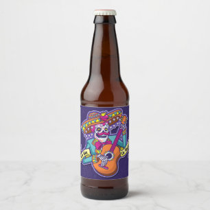 Muertos Sugar Skull Mexican Mariachi Guitar Fiesta Beer Bottle Label