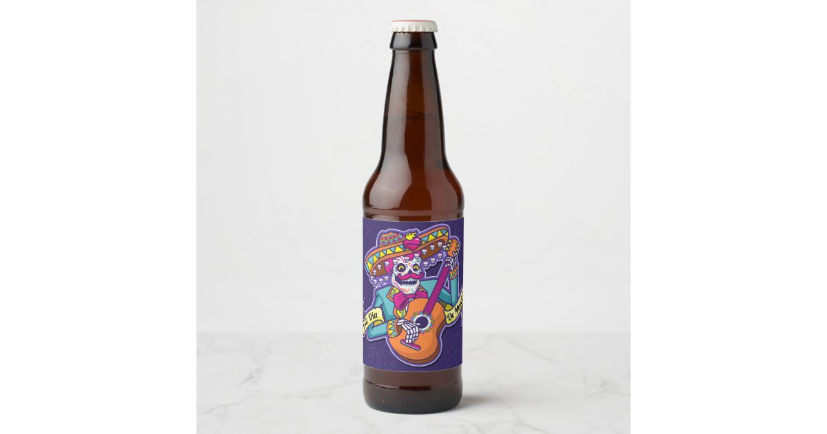 Muertos Sugar Skull Mexican Mariachi Guitar Fiesta Beer Bottle Label |  Zazzle