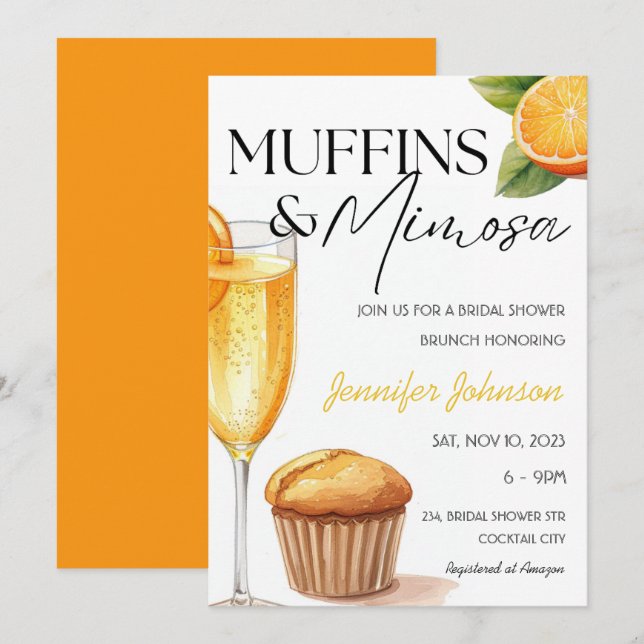 Muffins & Mimosa Orange Bridal Shower Brunch Invitation (Front/Back)