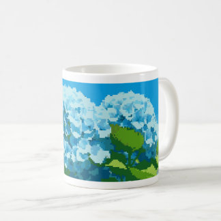 mug adorned with a pixel art blue hydrangeas