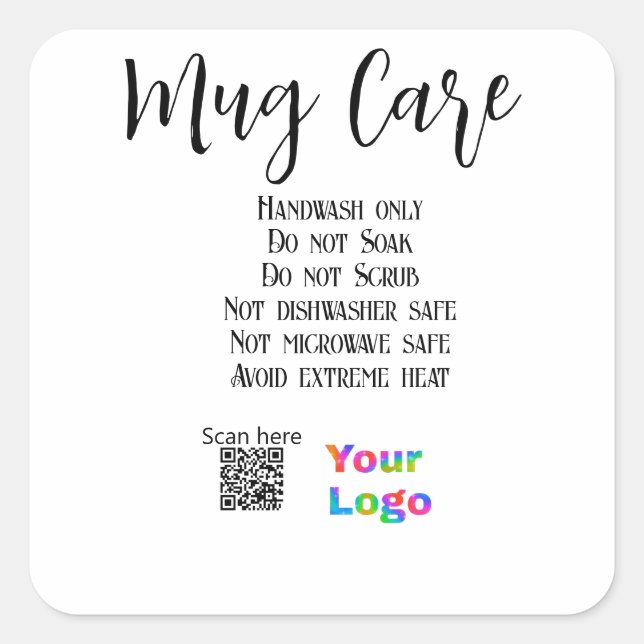 Mug care instructions add business name logo detai square sticker (Front)