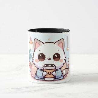 Mug Chat Kawaii avec Café – Illustration Chat Mign