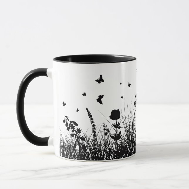 mug decorated with butterflies and flowers,  (Left)