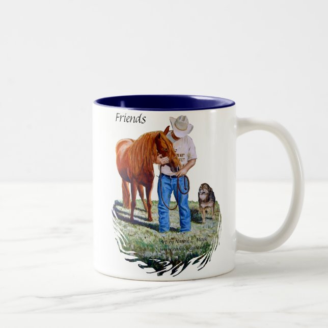 Mug, Friends, Man with his horse and dog Two-Tone Coffee Mug (Right)