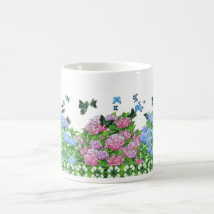 Mug Hydrangeas and Butterflies Pink, Blue, Green