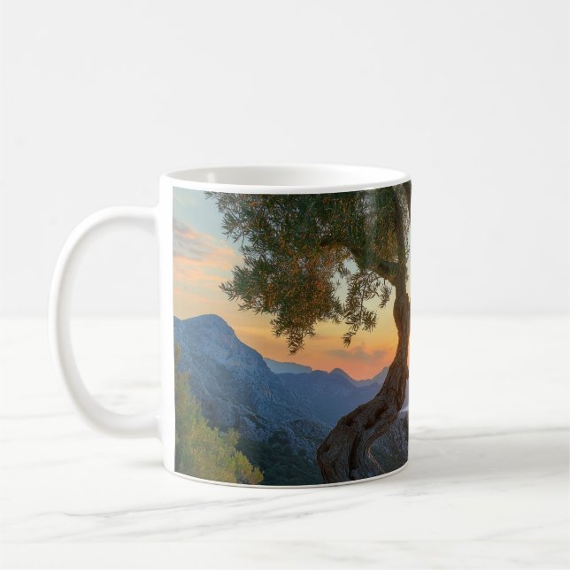 Mug, olive tree ,sunset, overlooking sea. coffee mug (Left)