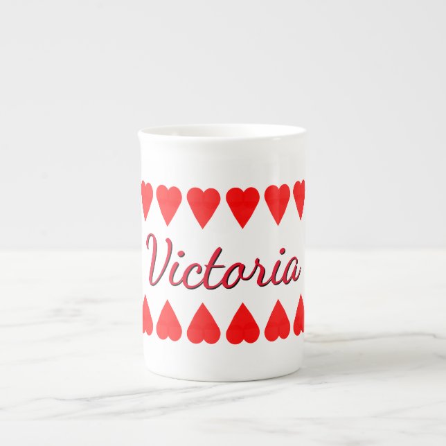 Mug - Rows of Red Hearts and Name (Front)