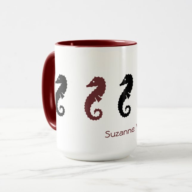 Mug - Sea Horses with name (maroon & black) (Front Left)