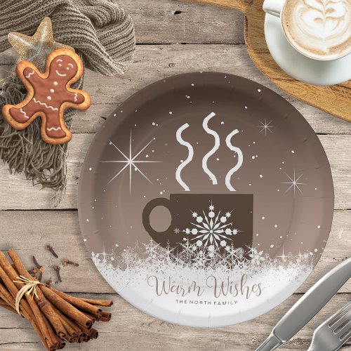 Mug Steaming Hot Drink wSnow Border Brown ID595 Paper Plates