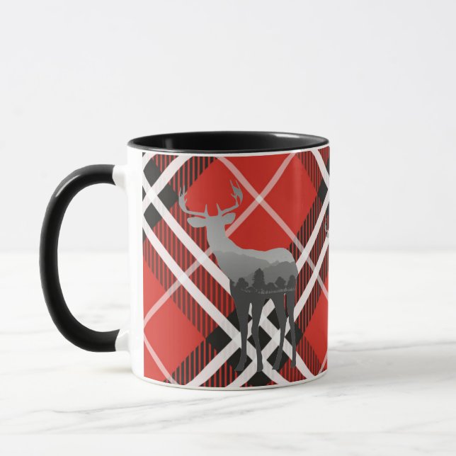 Mug-Two Tone-Red and Black Plaid with Deer Mug (Left)