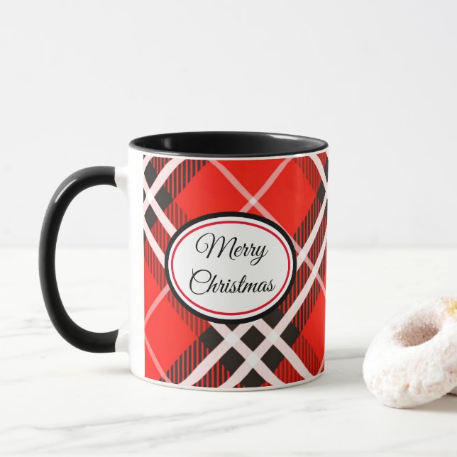 Mug-Two Tone-Red/Black Plaid Merry Christmas Mug (With Donut)
