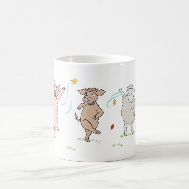 Mug vegan, pig, cow and sheep dancing (Center)