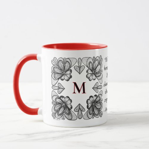 Mug with Abstract BW Doodle and Initial with Red