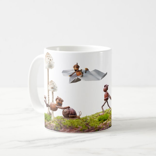Mug with acorn elves in the woods (Front Left)